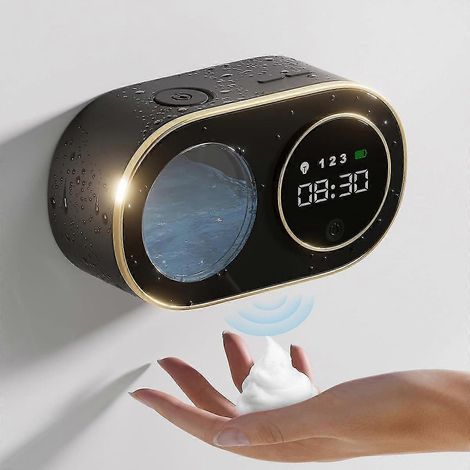 Distributeur automatique de savon moussant avec horloge numérique LED HD fixation murale - noir (1/5)
