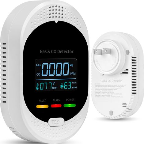 Kohlenmonoxid- und Erdgaswarngerät zum Einstecken, 4-in-1-Gerät zur Erkennung von CO und Erdgas mit Temperatur- und Feuchtigkeitsanzeige, übersichtlichem LCD-Display und akustischem/optischem Alarm