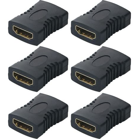 Lot de 6 Coupleur HDTV, Adaptateur HDTV Femelle vers Femelle, Connecteur HDTV Plaqué Or, HDTV Câble Extension Connector Converter Supporte, Noir (1/4)