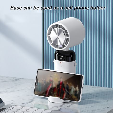 Ventilateur de table portable avec cou et angle réglable à 90°, batterie 3600 mAh, 3 vitesses, base servant de support pour téléphone et d'indicateur de batterie. (1/2)