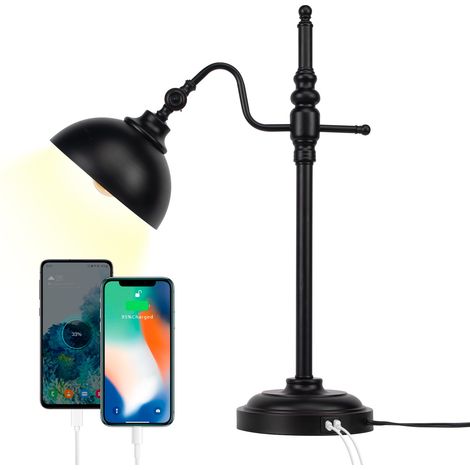 JCPYIUL Industrie Stil Tischleuchte - schwarze Metall Arbeitsleuchte mit zwei USB-Ladeschnittstellen, Vintage Bauernhaus Stil, geeignet für Schlafzimmer, Café, Schlafsaal(Ohne Glühbirne) (1/5)
