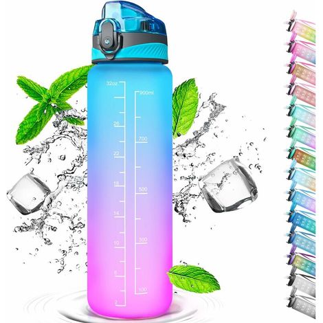 Liter Sport Water Bottle, Water Bottle With Straw, With Marker Tracker, One Click Open, Suitable For Gym, Yoga, Camping, Cycling And Family Life (Purple Blue)