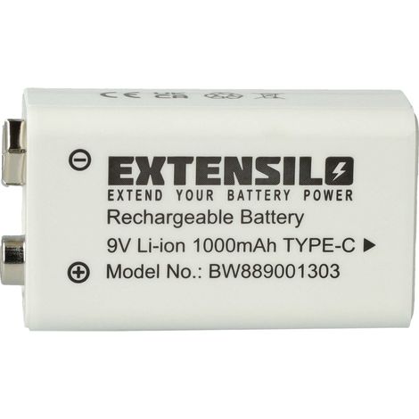 EXTENSILO Pile bloc batterie 9V remplacement pour Daitem BATV13 (1Ah, 9V, Li-ion), prête à l'emploi, avec USB-C