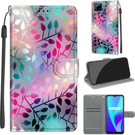 Custodia a libro per realme c12/c15 con ciondolo a forma di foglie colorate sfumate e arcobaleno (1/5)