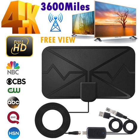 Antenne TV intérieure numérique 4K de 3600 miles avec amplificateur de signal Antenne TV numérique DVB-T HD pour plus de chaînes, noir (1/5)
