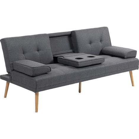 Canapé convertible 3 places, canapé-lit rembourré avec dossier réglable 3 niveaux, 2 coussins et 2 porte-gobelets intégrés, tissu de lin, pour salon, chambre d'amis, petit espace, gris foncé (1/5)