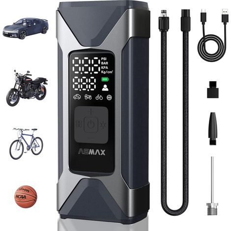Compresseur à Air Portatif 7500mAh, 11 BAR/160 PSI Gonfleur Pneus Voiture, 4 Unités BAR, PSI, kPa, KG/CM, pour Voiture, Moto, Vélo, Ballon, Lampe d'urgence (1/5)