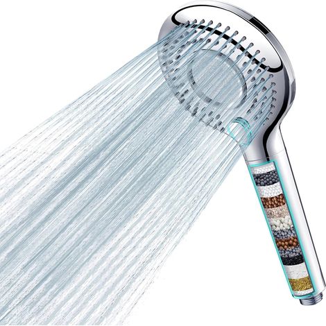 Pommeau de Douche Anti Calcaire avec 15 Étapes Filtre et avec Tuyau 1,5M, Filtre Douche 3 Types de Jets Pommeau Économie Deau Haute Pression