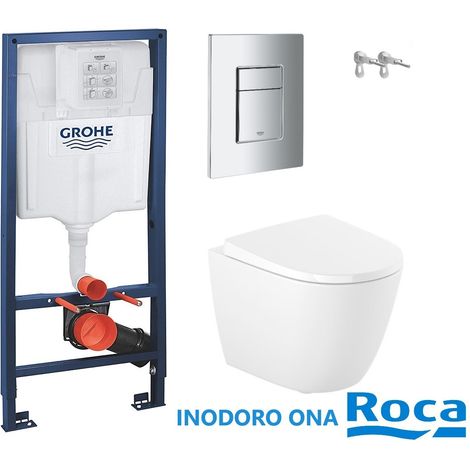 Bâti-support GROHE Rapid SL pack réservoir encastrable et plaque Chrome Brillant avec WC suspendu ROCA Ona Blanc 48 cm (1/5)