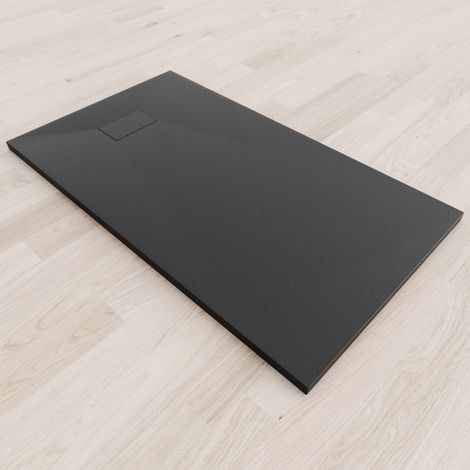 SMC Duschwanne Duschtasse mit Anti-Rutsch Flach mit Steinoptik Schwarz inkl. Ablaufgarnitur 140x80 cm
