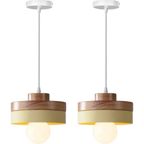 2pcs Lampe Suspension Moderne,18cm Lustre Vintage Industriel E27 Suspension Luminaire Abat-jour en Bois Design Rond,Jaune (1/5)