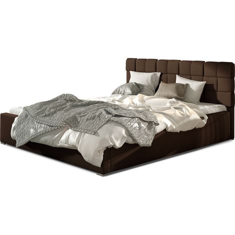 Lit adulte avec coffre de rangement Kanda – Simili cuir capitonné-Marron foncé-160x200 (1/5)