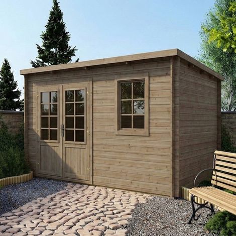Abri de jardin en bois - 12m2 - 4x3m - Traité - Ep. 28mm - Couleur: vert (1/4)