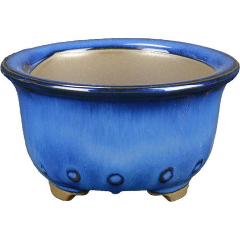 Vaso per bonsai Giapponese Morrisan rotondo in gres smaltato blu 7x7x4 cm - B02-8-7B