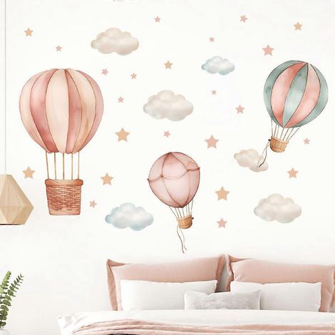 Sticker mural pour enfants - Montgolfières aquarelle - Décoration de chambre d'enfant - Sticker mural repositionnable, adhésif couleur pastel, pour enfants (1/5)
