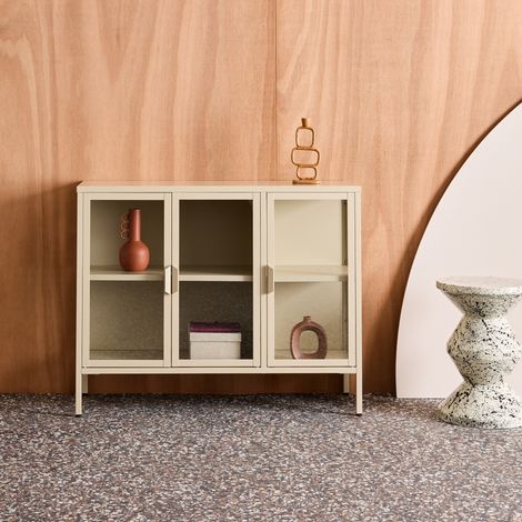 Buffet industriel métal et verre trempé 3 portes 100cm beige - Arkansas