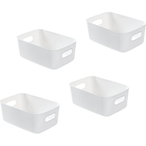 Set of 4 White Plastic Storage Basket, Kitchen Cupboard Storage, White Bathroom Drawer Storage Bin with Handle for Stackable Kitchen, Bedroom, Office, 19x13.5x7.5cm(White) (1/5)