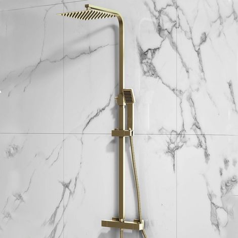 Brushed Brass Square Overhead Thermostatic Rigid Riser Shower Kit Adjustable Height (1/2)