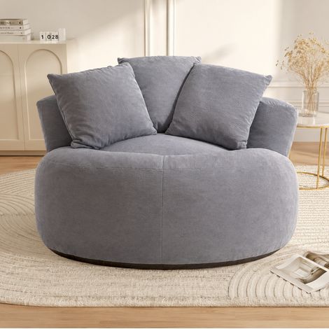 Fauteuil pouf rond 120x120x65 cm en tissu gris, gain de place pour salon FLORAGRACE (1/5)