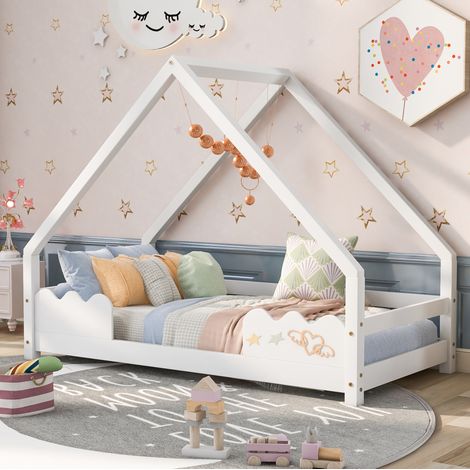 Kinder-Hausbett 80 x 160 cm mit Rausfallschutz, Weiß, aus Kiefernholz, inkl. Lattenrost (1/2)