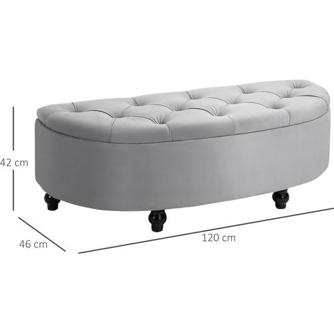 Banc de rangement, banquette capitonnée aspect velours, couvercle ouvert, coffre de rangement avec pieds en bois, banc coffre pour salon, entrée, chambre, 120 x 46 x 42 cm, gris (1/5)