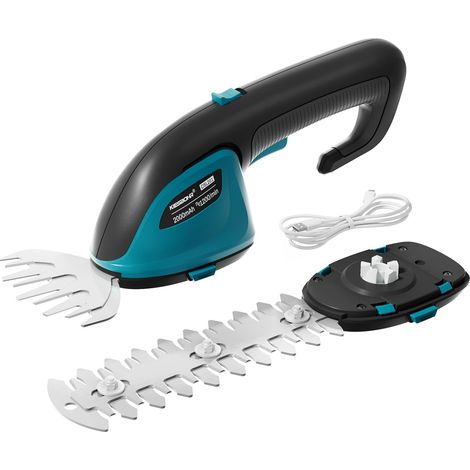 Sécateur sans fil 2 en 1 7,2 V pour pelouse et haie, petite cisaille à gazon et taille-haie avec batterie intégrée de 2000 mAh, lame d'herbe de 10 cm, coupe-arbustes 17 cm et câble de (1/5)