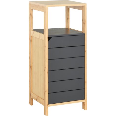 Mobiletto da bagno autoportante, colonna contenitore salvaspazio con anta e cassetto, realizzato in legno e bambù, 32L x 30W x 80H cm