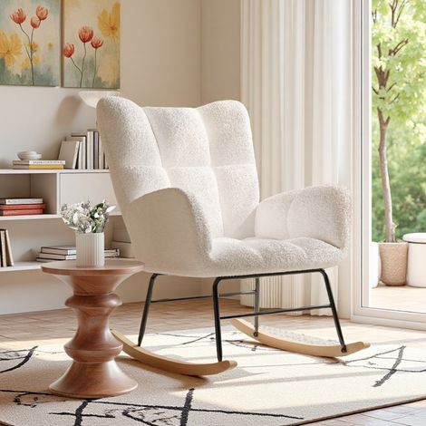 Poltrona a dondolo - con braccioli in lana Sherpa - Gambe in legno curvato - struttura in metallo - stile scandinavo - per soggiorno - camera da letto e balcone - Beige