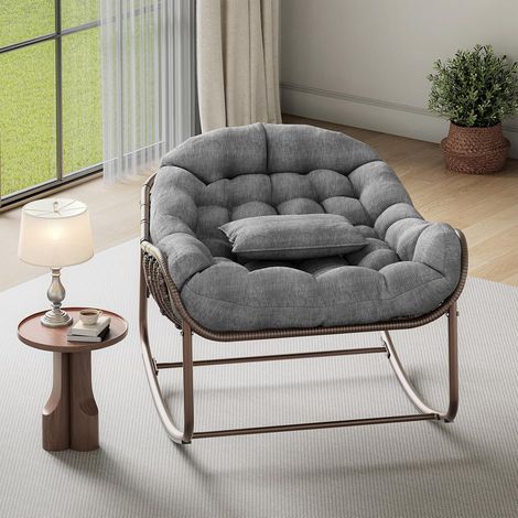Fauteuil Œuf Papasan à Bascule en Rotin avec Coussin Épais, Structure Métal et Base en Bois, Chaise Relax pour Terrasse, Balcon et Salon, Gris foncé