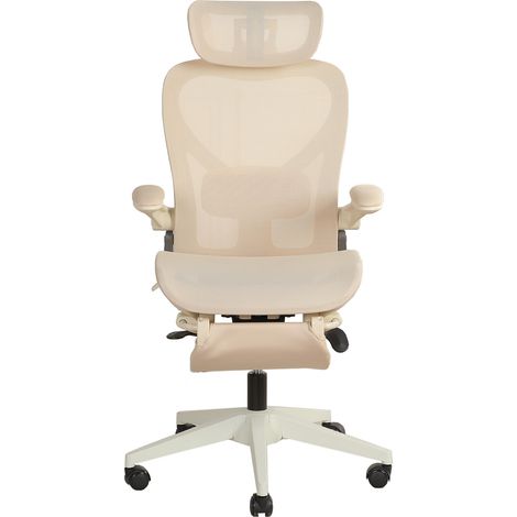 Silla de oficina ergonómica plegable de malla color crema con reposapiés y reposabrazos abatibles (1/5)