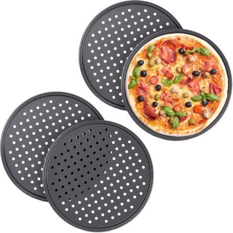 Plaque pizza, lot de 4, ronde, perforée, antiadhésive, tartes flambées, en acier, moule, ∅ 32 cm, anthracite (1/5)
