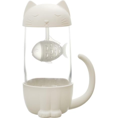 Taza Kawaii con infusor, diseño de gato con pez, 300 ml, blanca (1/5)