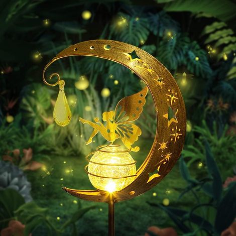 HIQE-FL Mond-Solarleuchten Garten Außen Metall Mond-Solarleuchten Gartendekoration Mond-Solarleuchten Gartendekoration Gartenleuchte Wasserdichte Wegleuchte mit Blumenfee