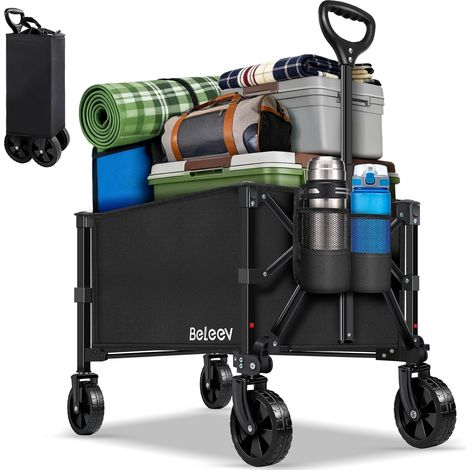 90L Chariot Pliable, Roues XXL Tout Terrain Pivotantes, Poignée Télescopique, Porte-Gobelets et Poche Latérale, Chariot Camping Plage Jardin Courses Pique-Nique Festival Charge 100Kg (1/5)