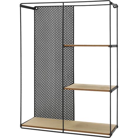 Spetebo – Étagère murale en métal noir 3 étagères – 50 x 40 cm – étagère suspendue décorative avec fixation murale – bois naturel