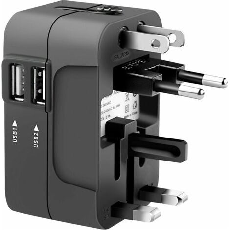 Adaptateur de prise de voyage universel 2 ports USB – Chargeur secteur pour AU, US, UK, EU – Protection fusible 6A – Compatible avec 150 pays (1/5)