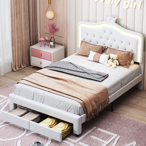 Letto matrimoniale 140x200 cm - con illuminazione a LED - decorazione a corona - con due cassetti - PU - rete a doghe - adatto per adolescenti e bambini - Bianco