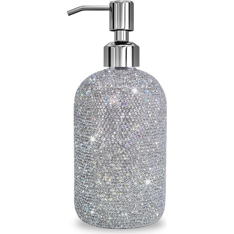 Dispensador de jabón de 532 ml (18 oz) con bomba de acero inoxidable resistente a la corrosión, botella recargable, brillante (diamantes de imitación).