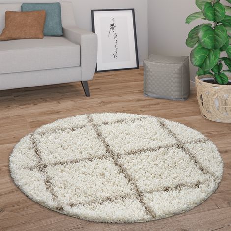 Paco Home Hochflor Teppich Rund Wohnzimmer Moderner Shaggy Langflor Skandi Rauten 120 cm Rund, Beige-Creme