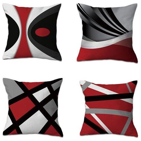 Coussin, Housses de coussin-Moderne-Rayures rouges-Grises-En acrylique grasse-Grises-Décoratives-Carré-45 x 45 cm 4 pièces (1/4)