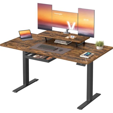 Bureau Électrique Réglable en Hauteur, 140 x 70 cm, Support d'Écran à Montage Flexible, Tiroir, Port USB-C, Rappel de Sédentarité, pour Télétravail, Marron Rustique (1/5)