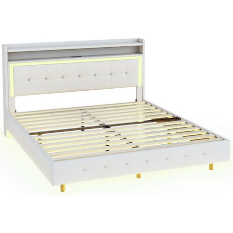 Polsterbett 140x200 cm Leinenoptik Beige mit USB, LED und Stauraum-Kopfteil MODENUIT (1/5)