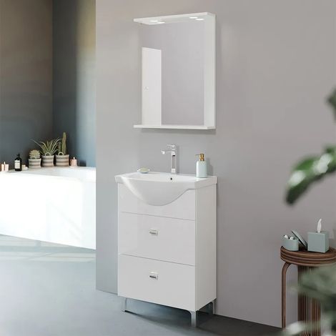 Mobile bagno a terra 55 cm Creta bianco lucido completo di specchio (1/5)