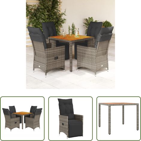 vidaXL Relaxsessel - 5-tlg. Garten-Bistro-Set mit Kissen Grau Poly Rattan (1/5)