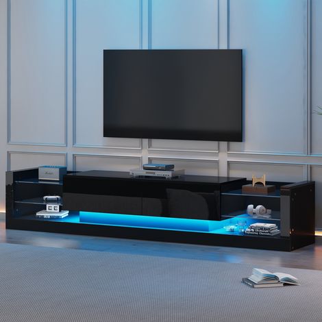 TV-Lowboard 181 cm, rechteckig, mit LED-Beleuchtung, 2 Stauraumtüren, Glasböden, glänzend, skandinavisch, Wohnzimmermöbel aus Holz – Schwarz (1/5)