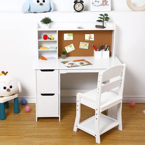 Ensemble bureau chaise étude blanc avec bibliothèque, panneau et armoires pour enfants 3 à 8 ans (1/5)