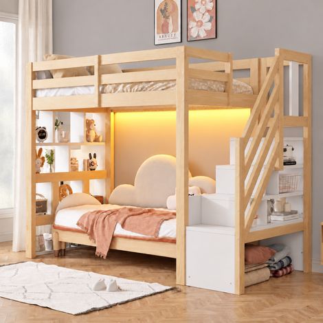 Lit mezzanine enfant, avec escalier de rangement et éclairage LED, étagères intégrées et sommier à lattes, en bois massif et MDF, 90x200 cm, Bois naturel et Blanc (1/5)