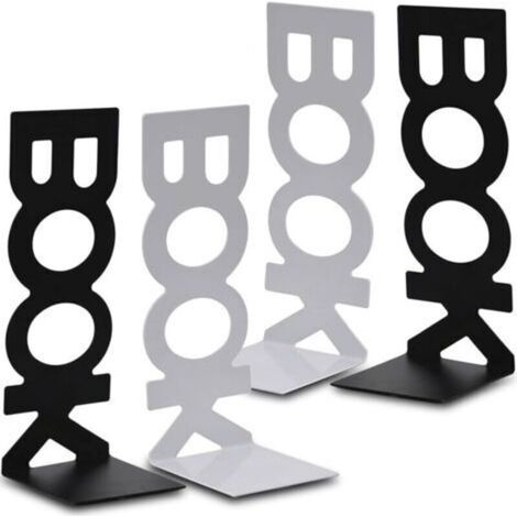 Serre-livres en métal, 2 paires, serre-livres pour étagères de bureau, écoles, salons, librairies et bibliothèques (noir et blanc)