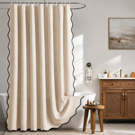 Rideau de douche 180 x 200 cm ourlet étroit en lin ondulé, beige, dos stratifié imperméable, aspect Lin, style bohème, résistant à la moisissure, ourlet lesté, lavable en machine (1/5)