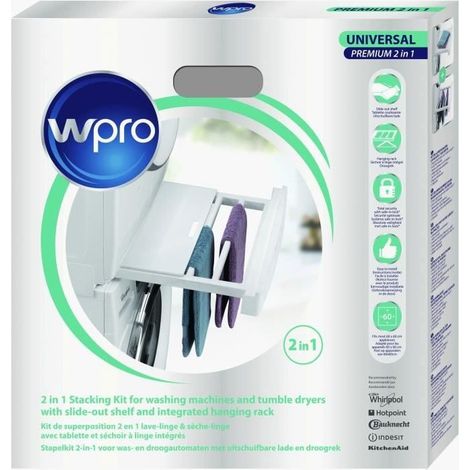 WPRO SKP101 Kit de Superposition Universel 2 en 1 Lave-linge / Sèche Linge avec tablette et Séchoir (1/4)